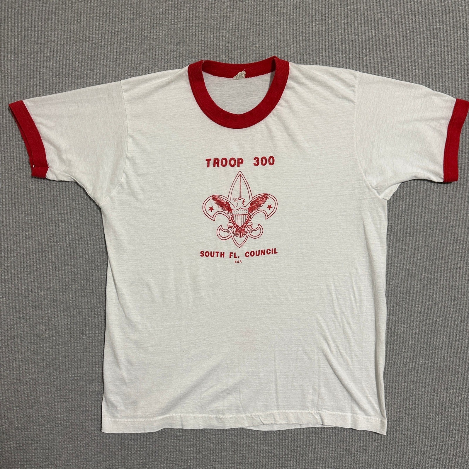 Vintage 80s Screen Stars Boy Scouts Troop 300 Ringer T-Shirt White Size XXL