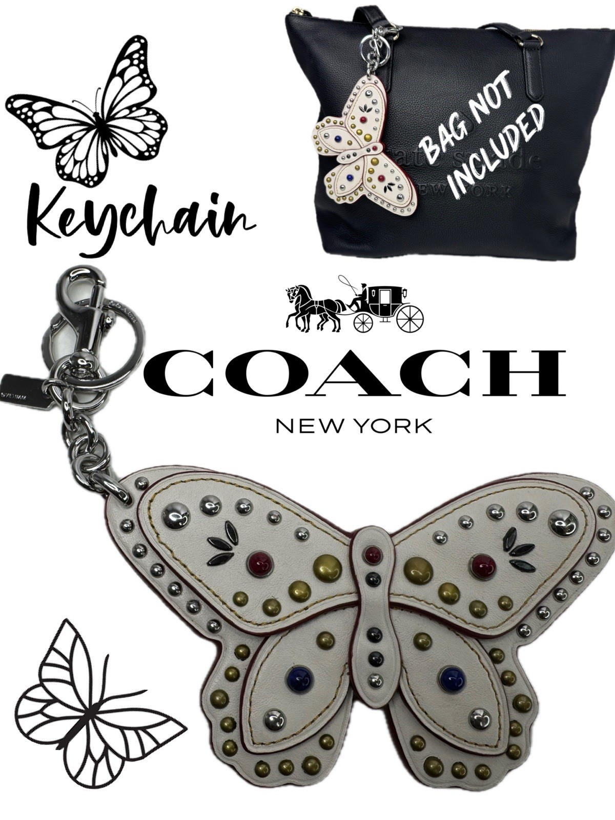 Coach Butterfly Large Leather Chalk White Colored Stone Metal Rivets Keychain