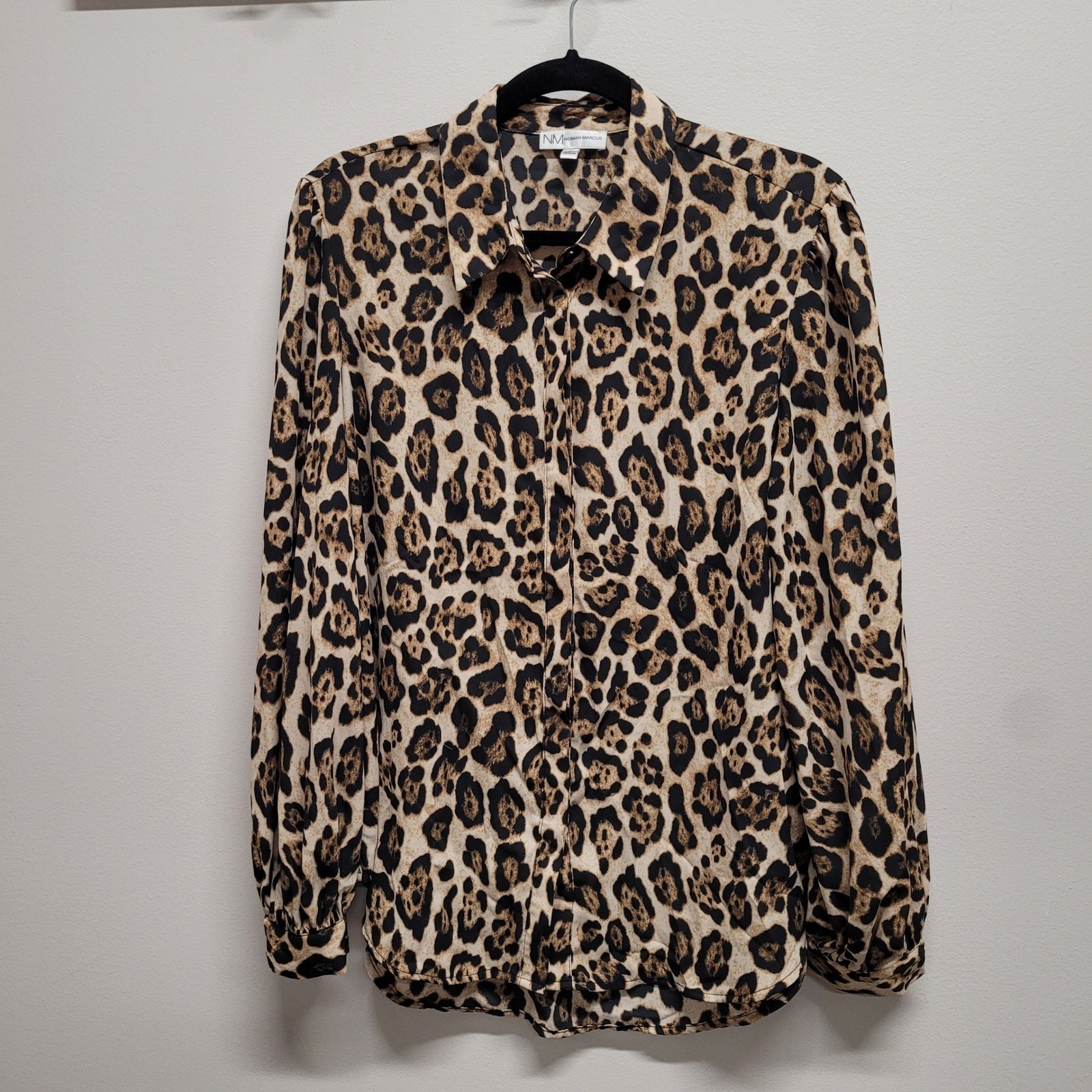 Neiman Marcus Womens Leopard Print Button Down Blouse Long Sleeve Brown Tan L