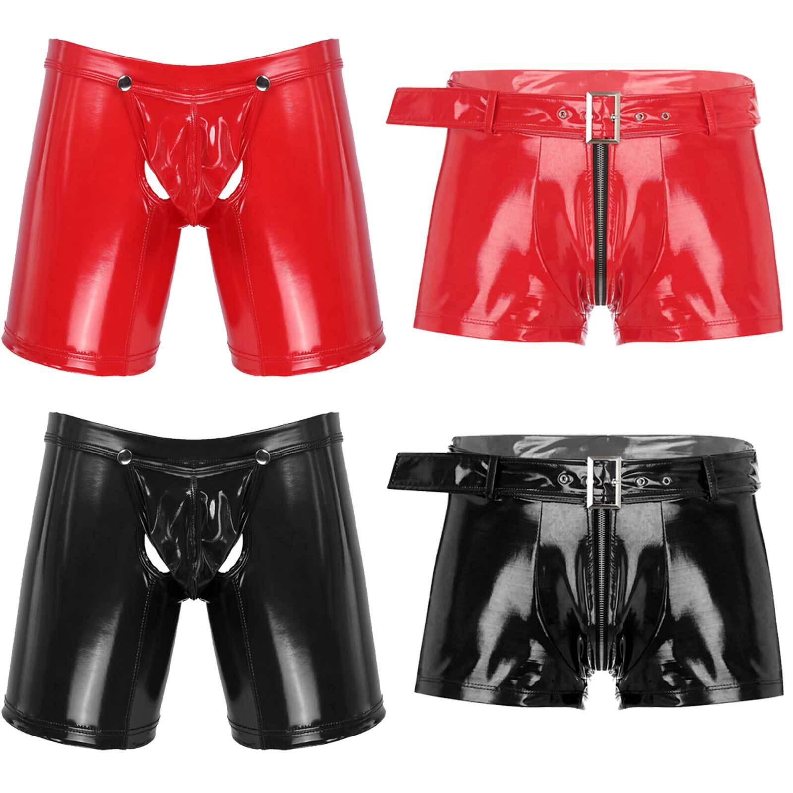 US Mens PVC Faux Leather Tight Short Pants Crotchless Boxer Shorts Hot Pants