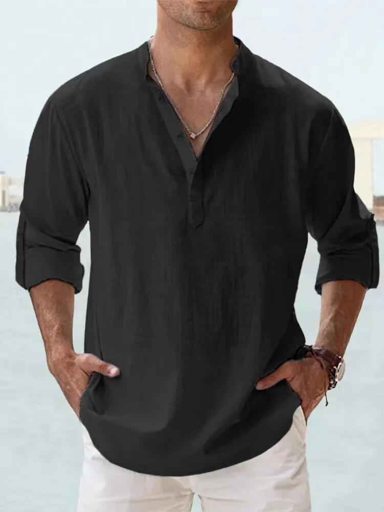 Men Casual Shirt Long Sleeve Cotton Linen Beach T Shirt Lightweight NEW 8 COLORS