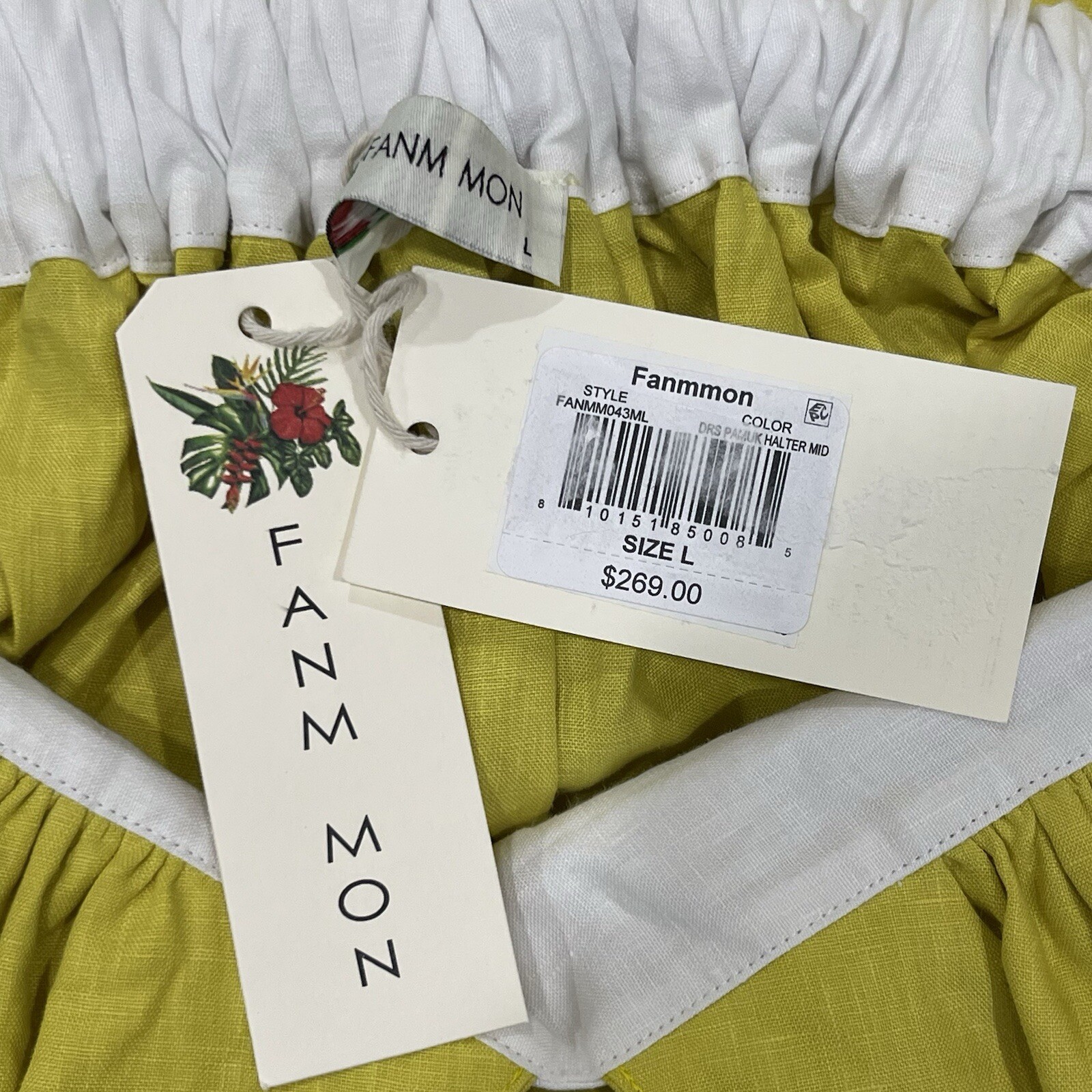 Fanm Mon Large Linen Yamile Floral Embroidered Halter Midi Dress Mustard Lime