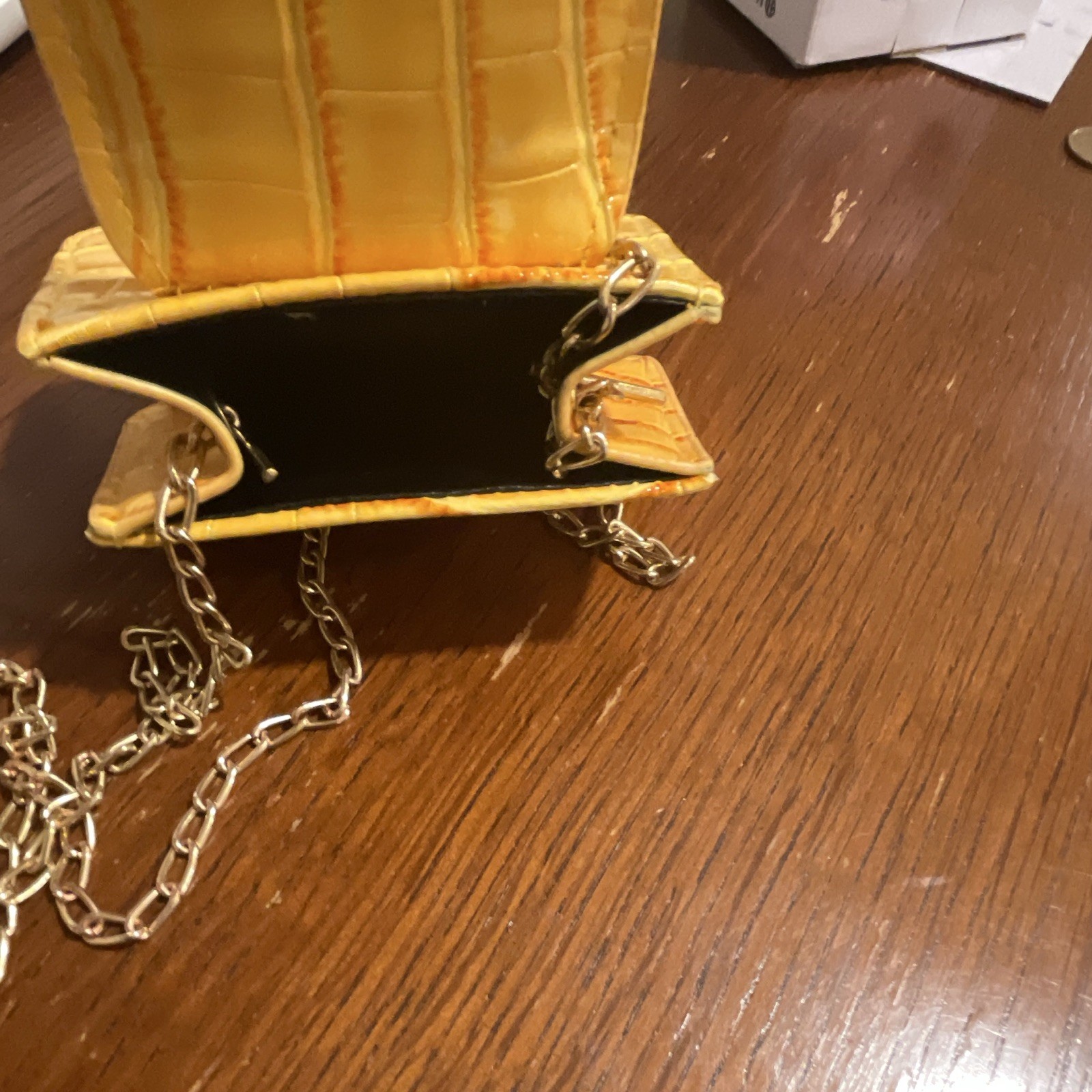Yellow Embossed Croc Mini Shoulder Bag Gold Chain Strap Magnetic Closure