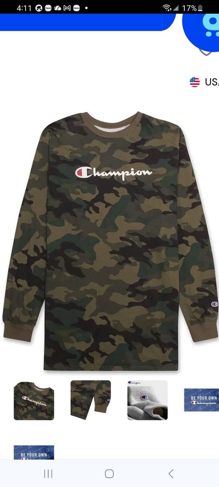 Champion Long Sleeve Camo T-Shirt Men’s 5XL Big & Tall Green Crew Neck Cotton