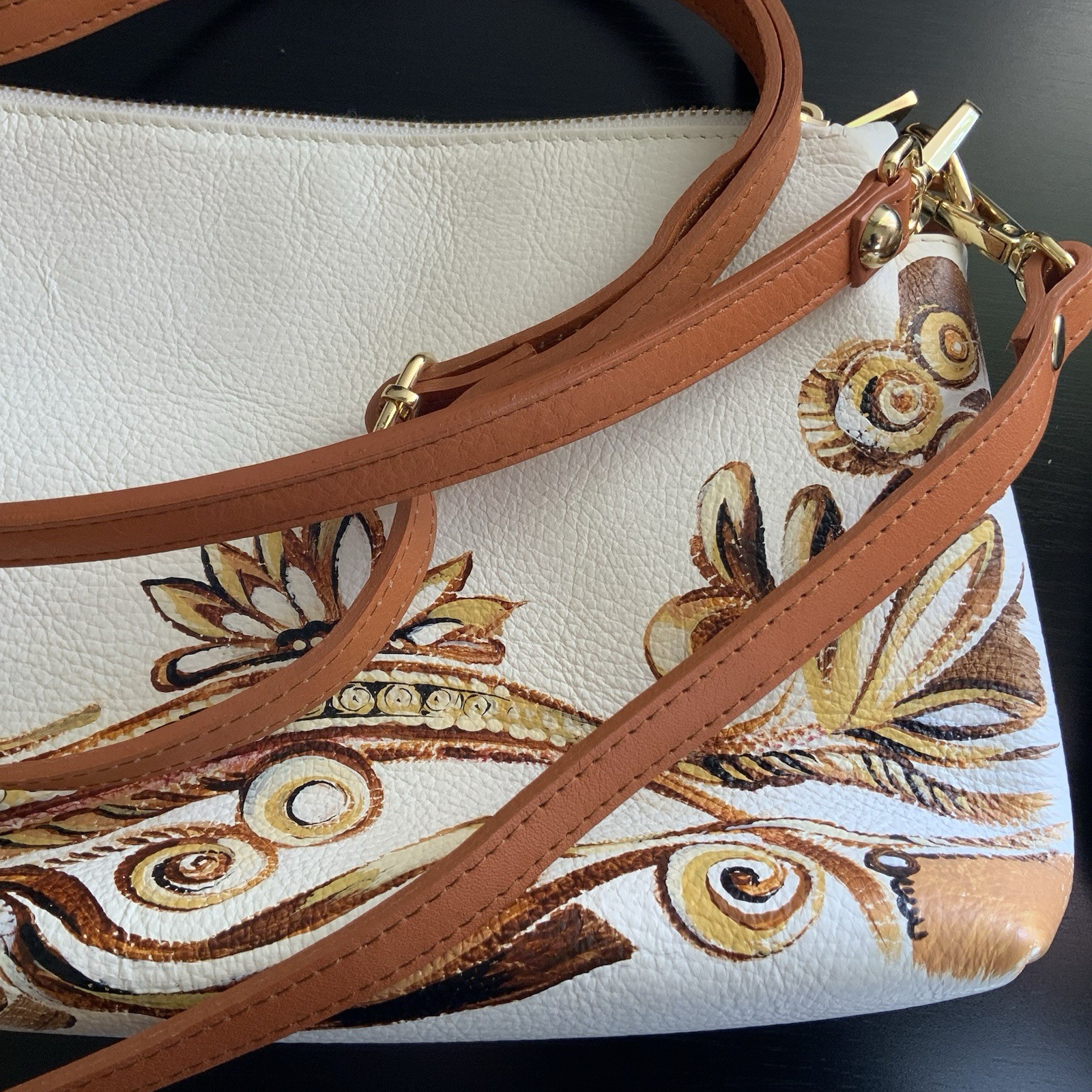New Valentina Hand Painted Leather Crossbody Bag Floral Ivory Brown Italy
