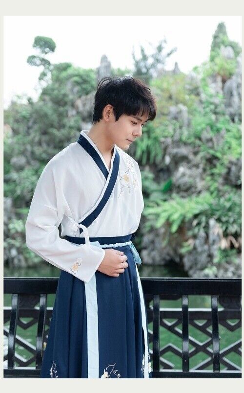Chinese Dress Korean Hanfu White Blue Men Women Dress Cosplay Embroidery Kimono