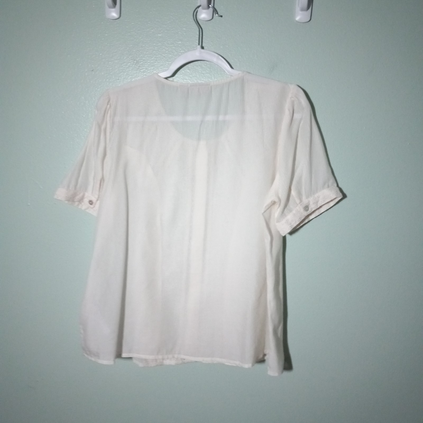 LOGO by Lori Goldstein Top Blouse size Small, Ivory Lace Eyelet Sheer Ruffle