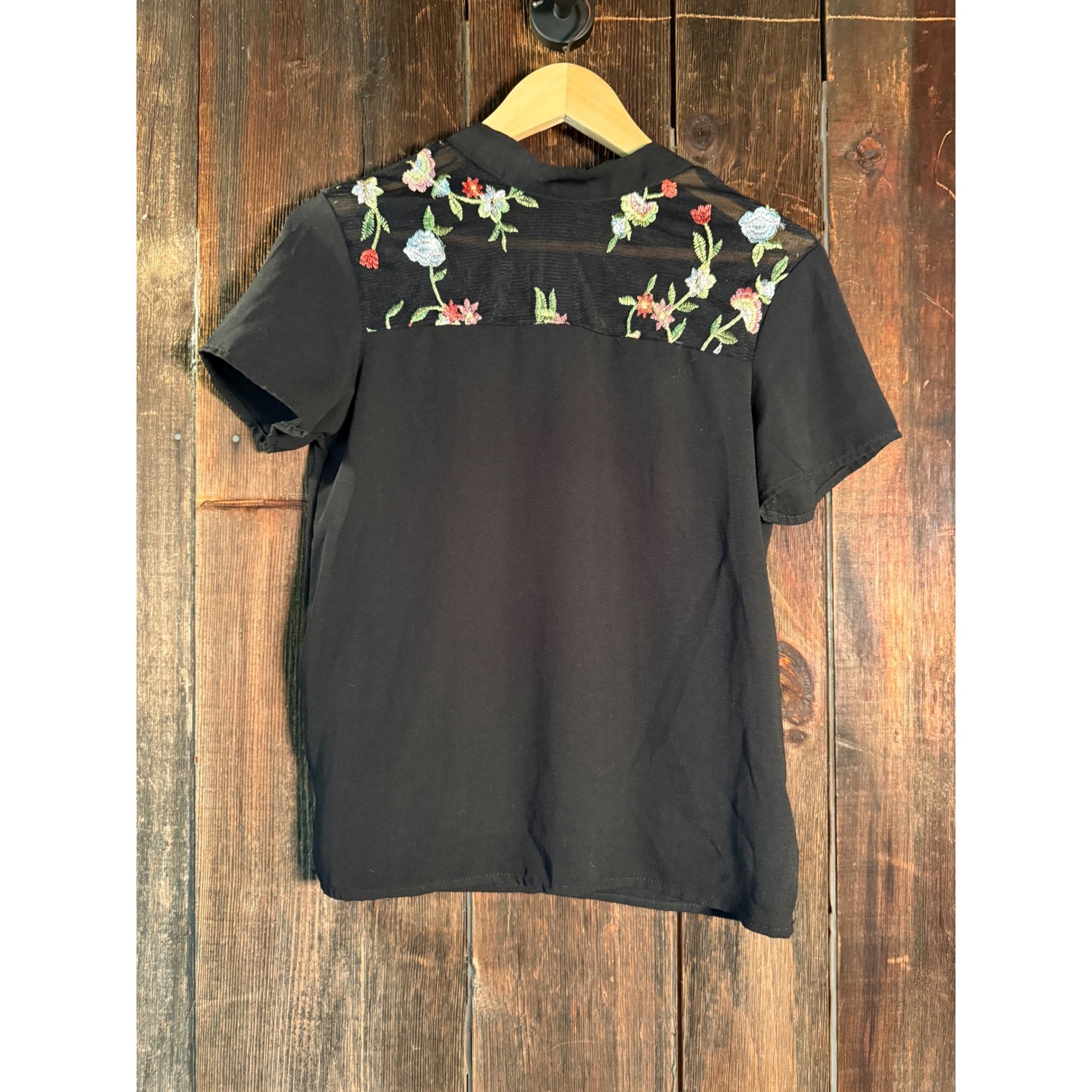 Shein Black Tie Neck Short Sleeve Blouse Mesh Floral Embroidered Back XS