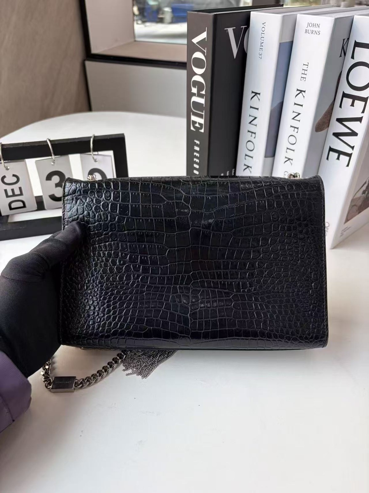 Yves Saint Laurent Black Kate Embossed Leather Tassel Chain Shoulder Bag AUTH