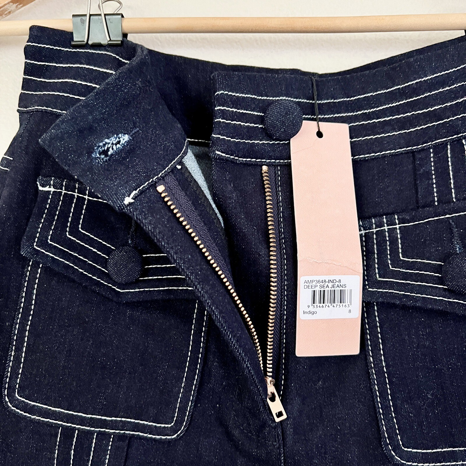 NWT ALICE MCCALL Deep Sea Indigo Blue Contrast Stitch Wide Leg Denim Pants US 4