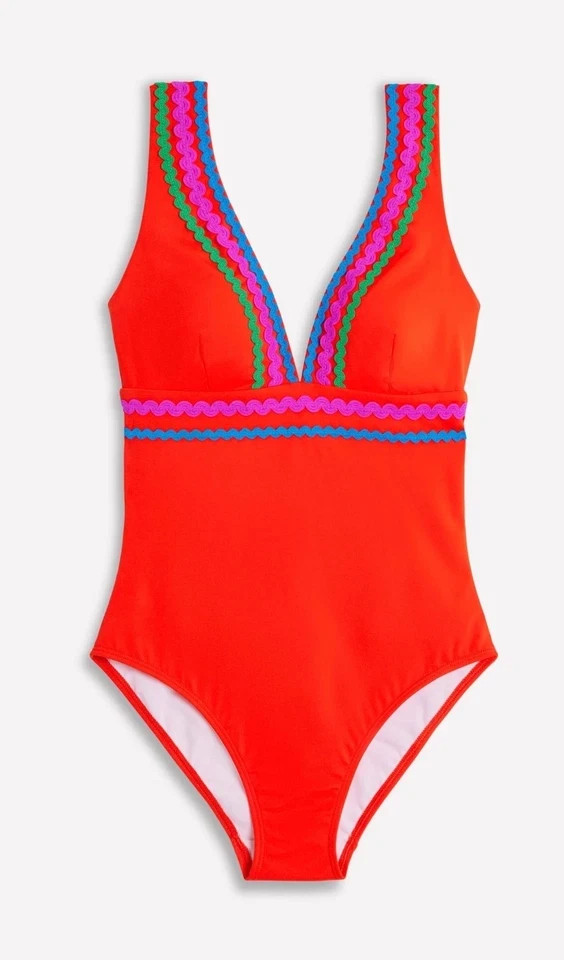 Boden Porto Swimsuit Size 18 Fire Red Non Wired Padded Deep Plunge V-Neck New