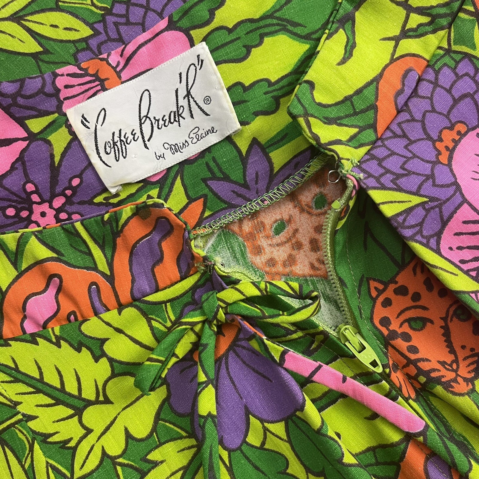 Vintage l 60s M Coffee Break Mod Novelty Floral Jungle Leopard Zip Pockets Dress