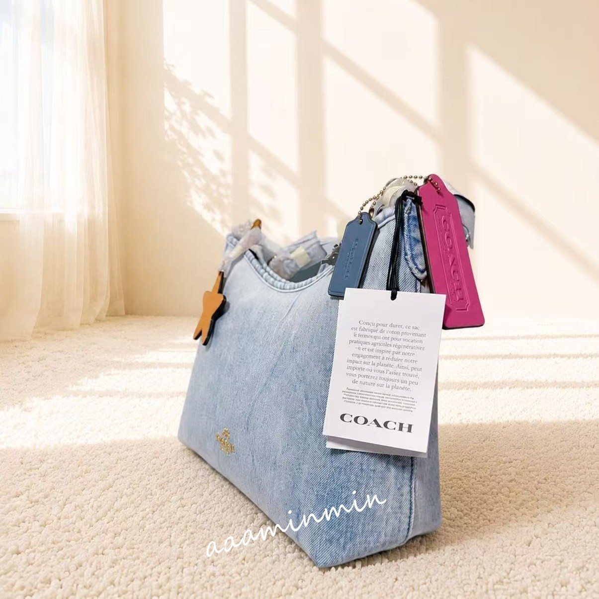 NWT Coach Laurel Shoulder Bag In Loved Denim With Charms CEF26