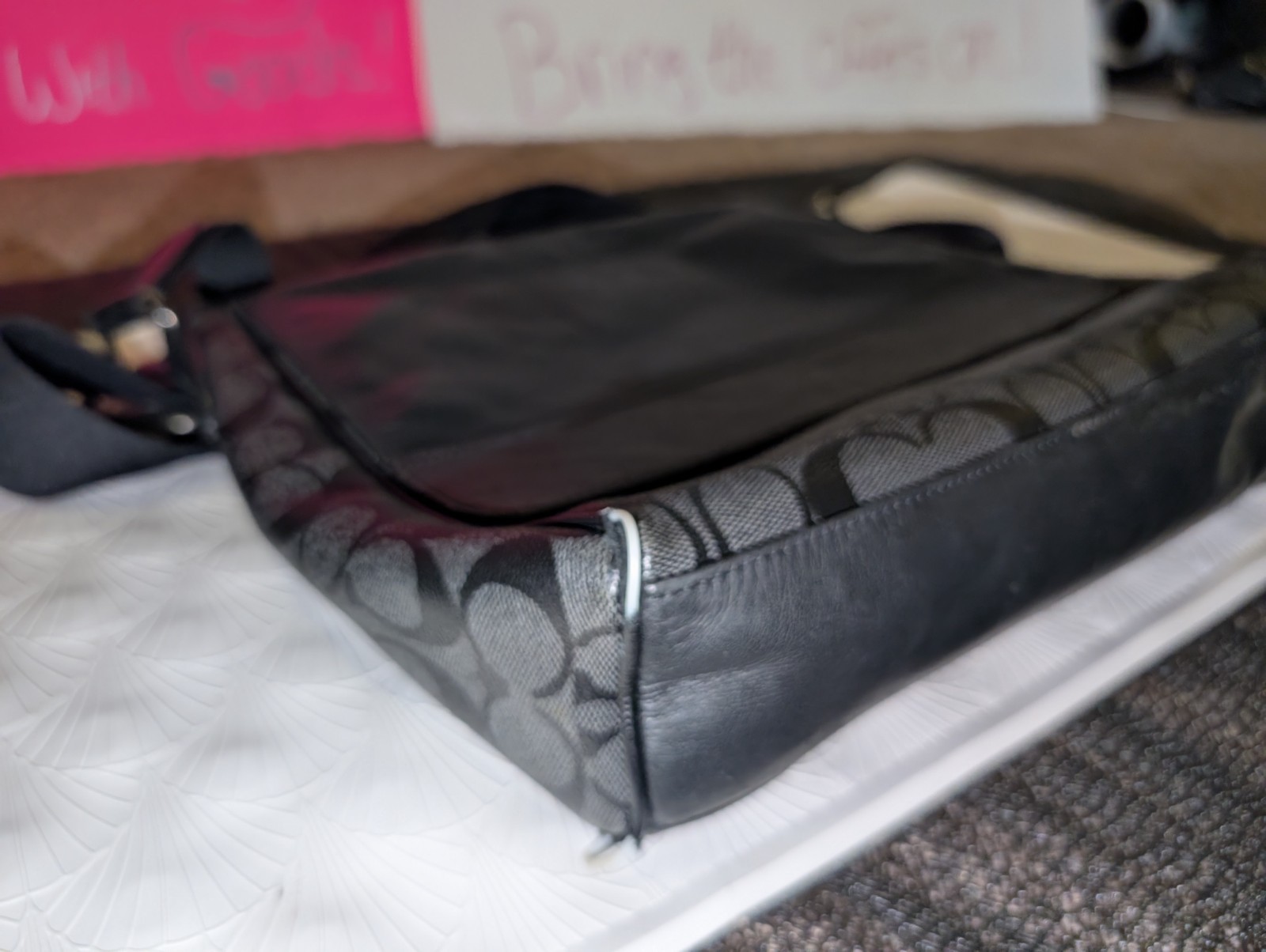 Coach Signature Monogram Messenger Crossbody Bag Black/Gray Magnetic Strap