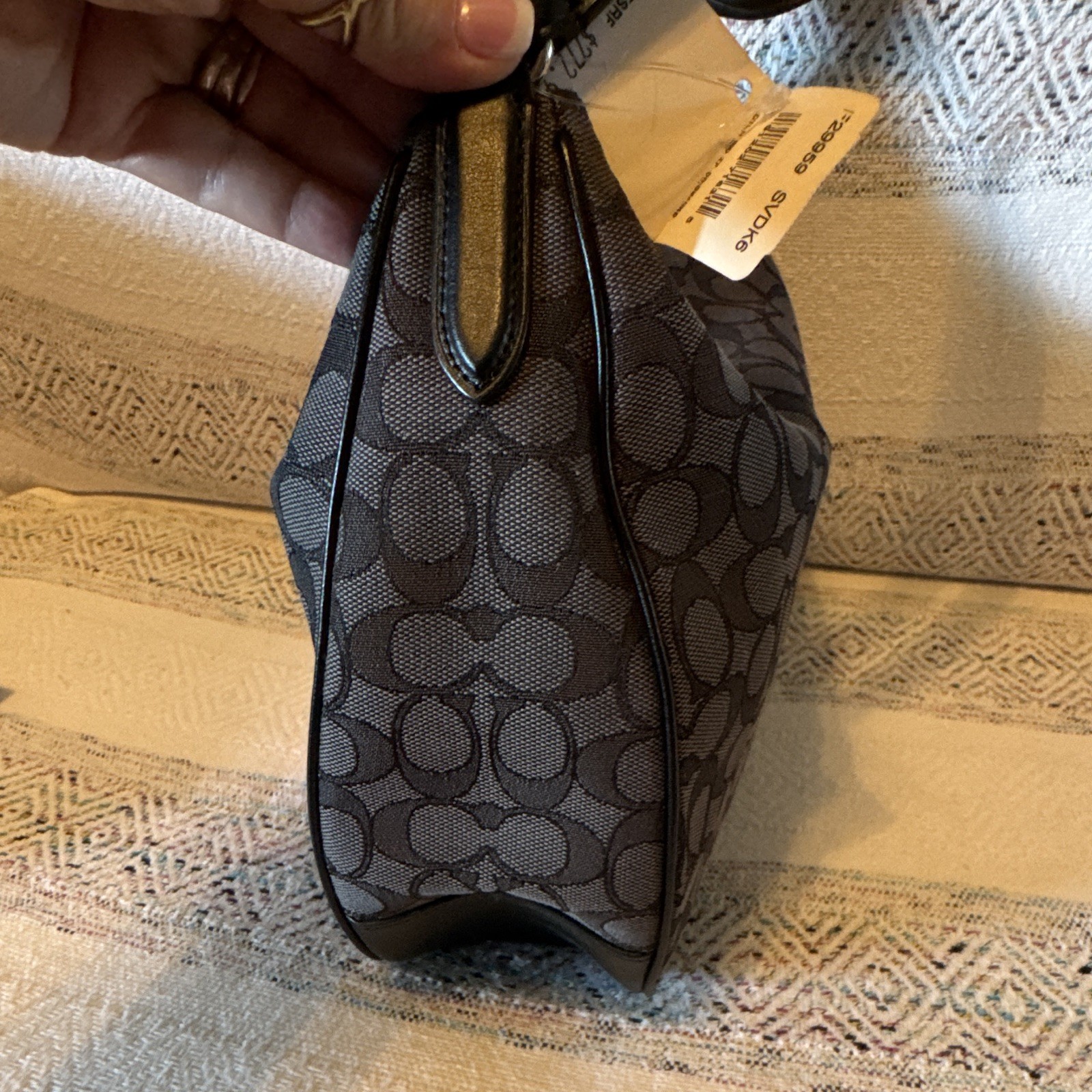 Coach Signature Crescent Shoulder Bag Black Gray Zip Closure Silver Hardware