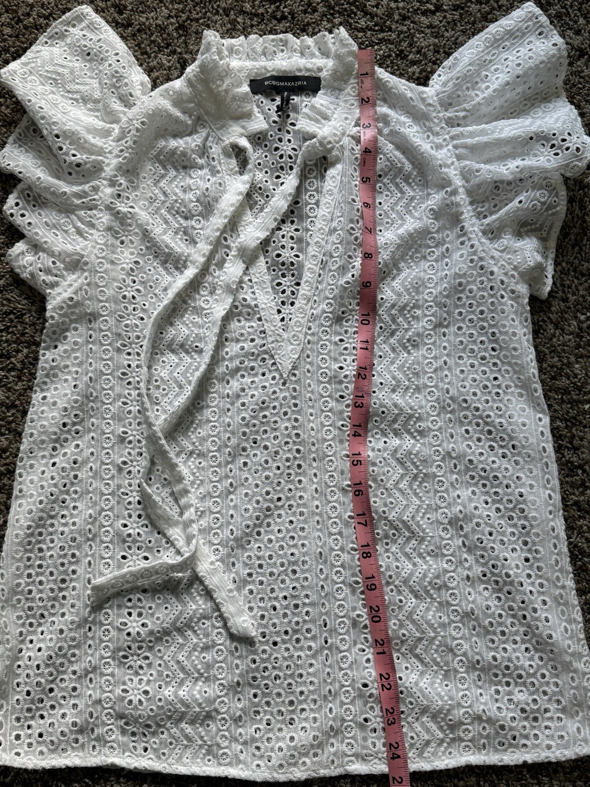 BCBGMAXAZRIA White Lace High Neck Tie Ruffle Flutter Short Sleeve Blouse XS