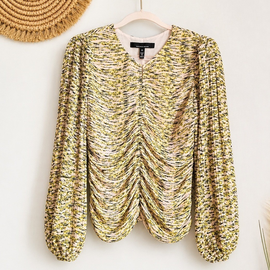 White House Black Market NEW Watercolor Blouson Sleeve Pleated Keyhole Top SZ 10