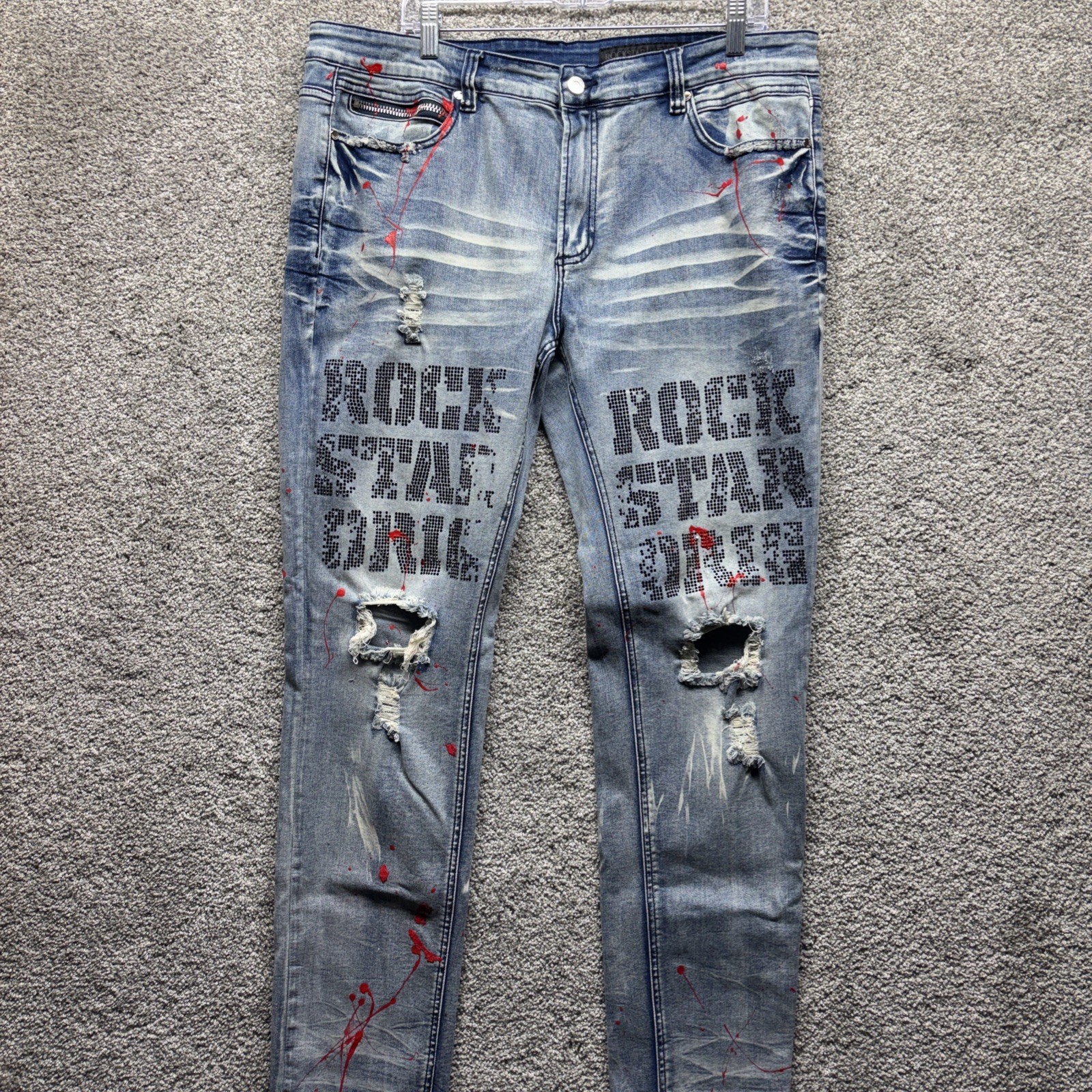 Rockstar Original Men 42×32 Distressed Paint Splat Rhinestones Jeans Grunge Y2K