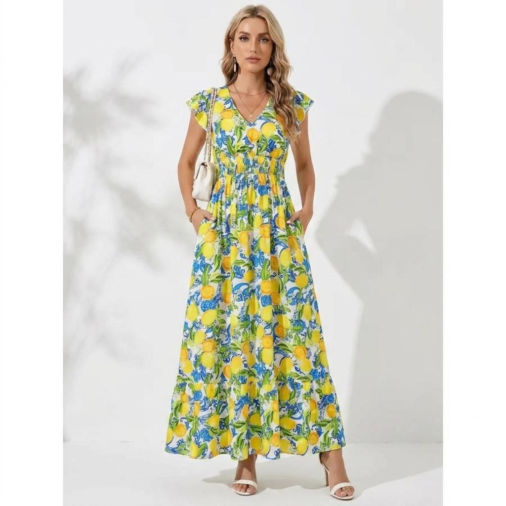 Womens Lemon Print Maxi Dress V Neck Cap Sleeve Summer Beach