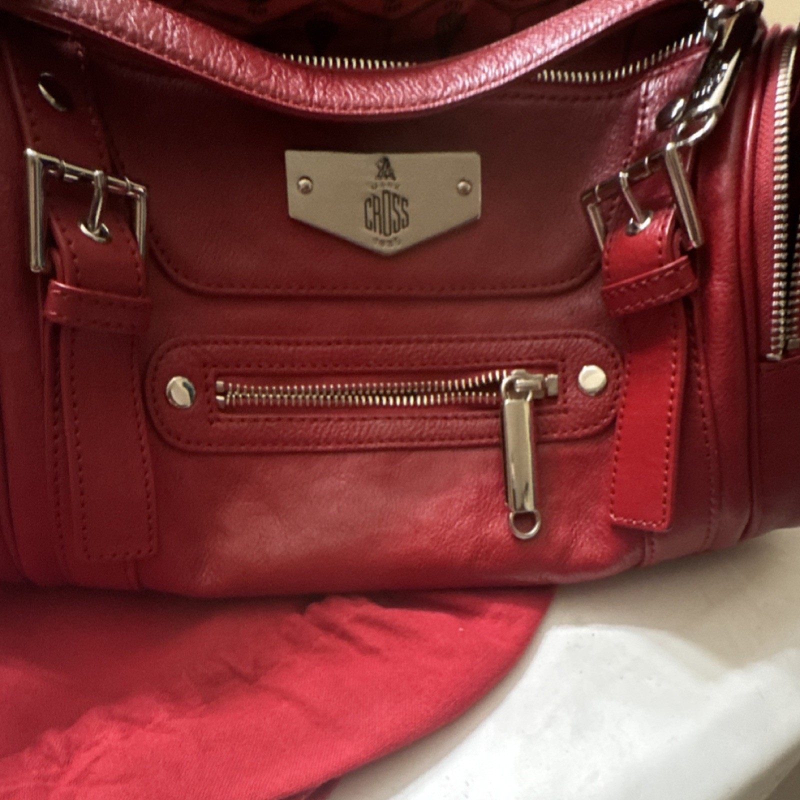 Mark Cross Women’s Red Handbag with Zipper, Buckle Accent, Dust Bag