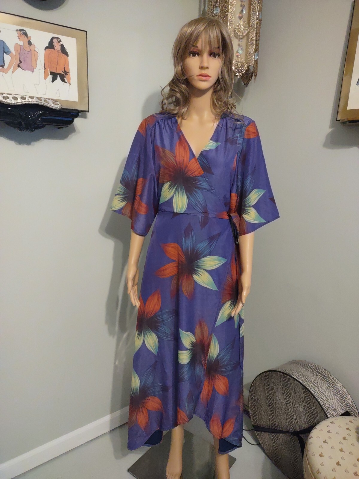 Haoduoyi Wrap Around Dress Purple Flowered size L ~EUC~