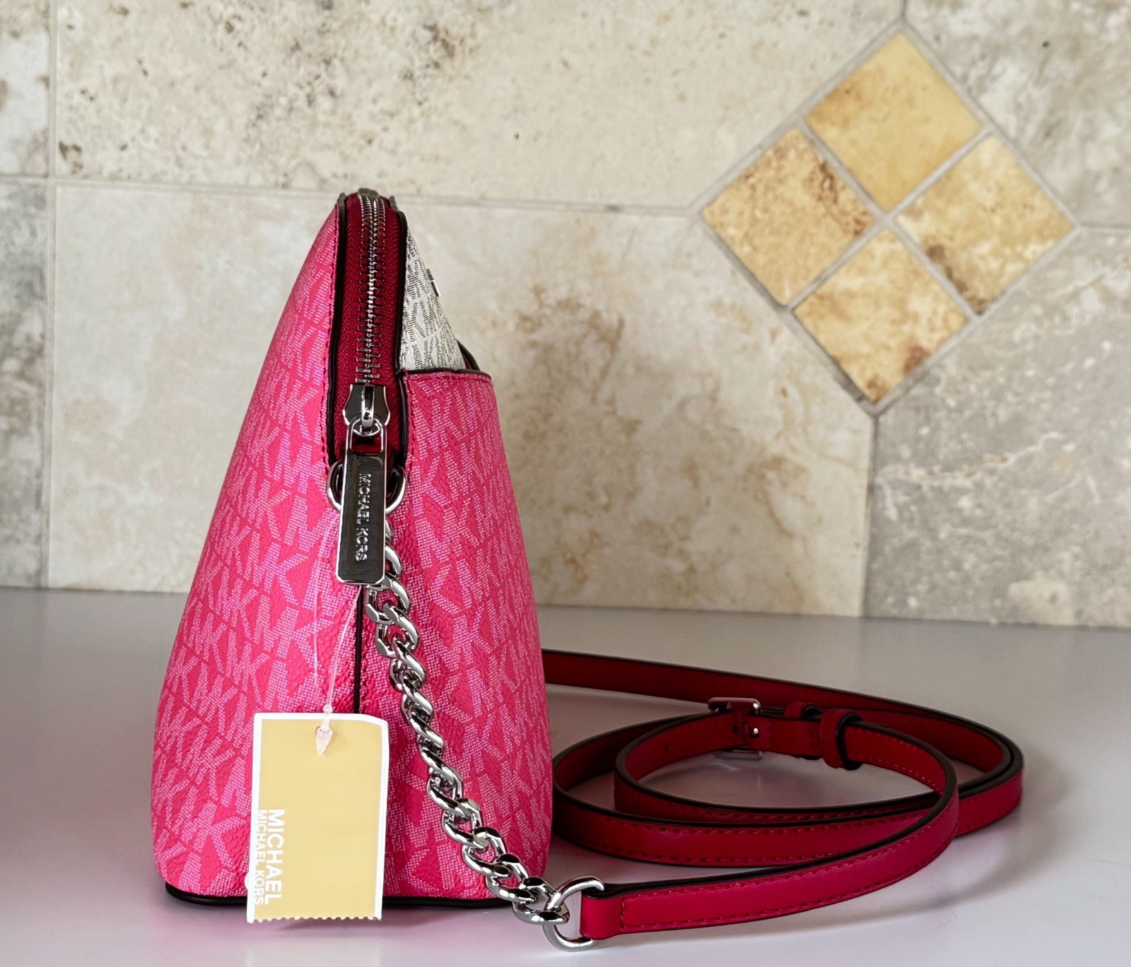 MICHAEL KORS JET SET TRAVEL DOME CROSSBODY BAG COLOR-BLOCK MK DARK RASPBERRY