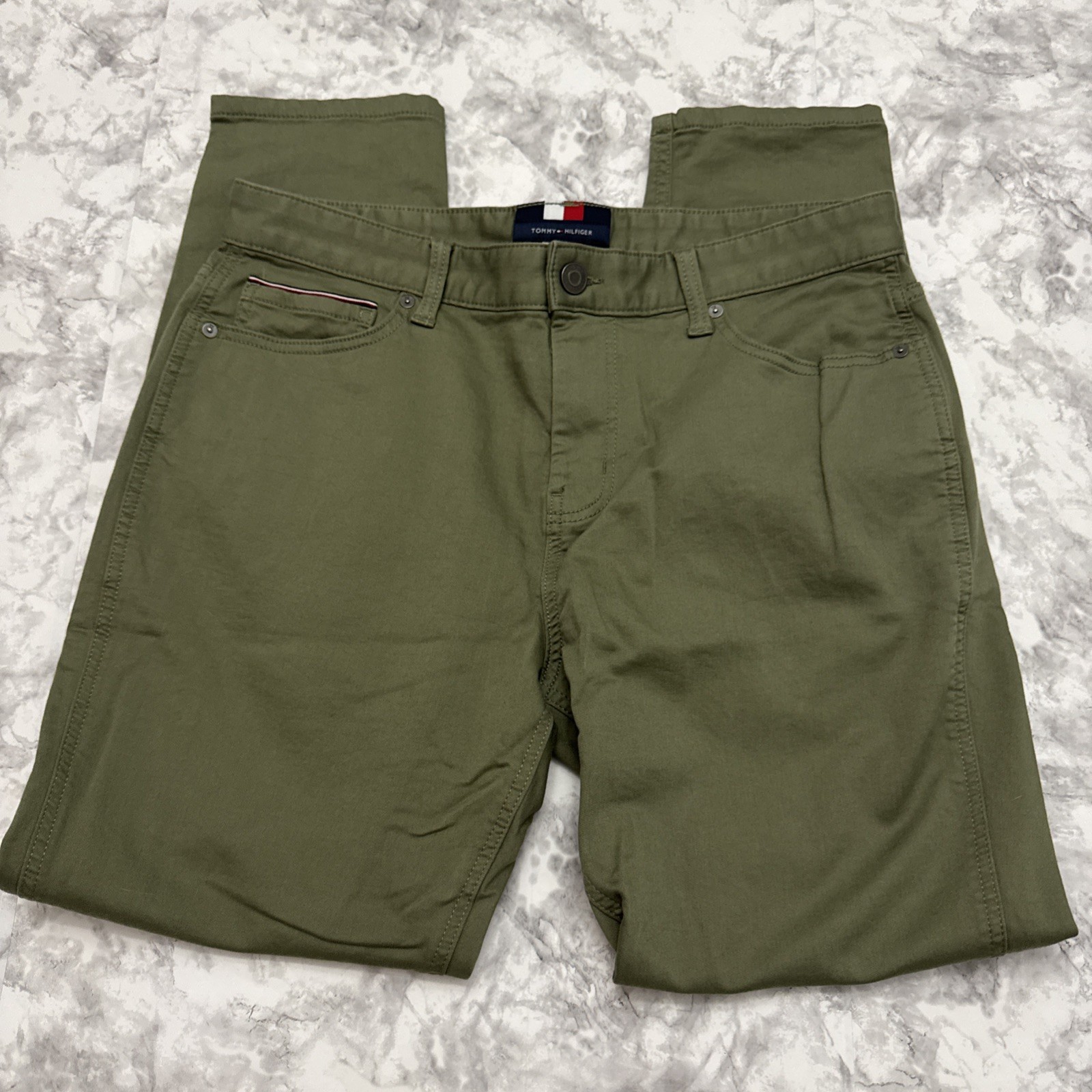 Tommy Hilfiger THFlex Men’s Olive Green Chino Size 34×32 Stretch Straight Slim