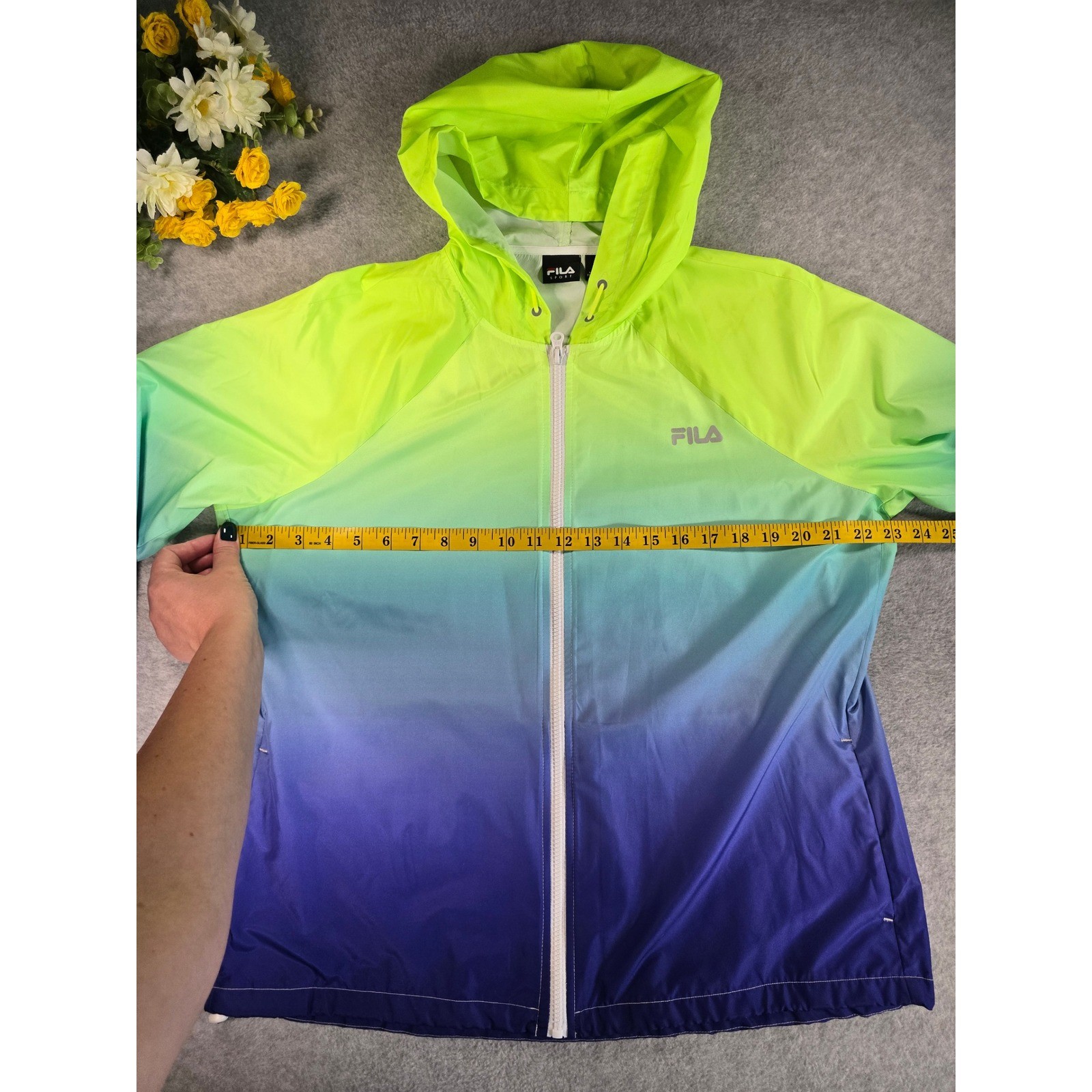 Fila Sport Womens Windbreaker Hooded Jacket Neon Green Blue Ombre Large L