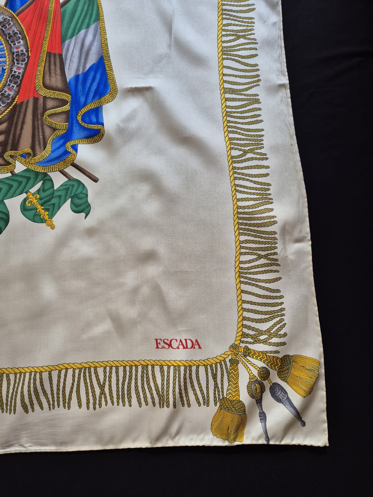 ESCADA 82cm Vintage Silk Square Scarf Family Crest Shield Cream Yellow Tassel