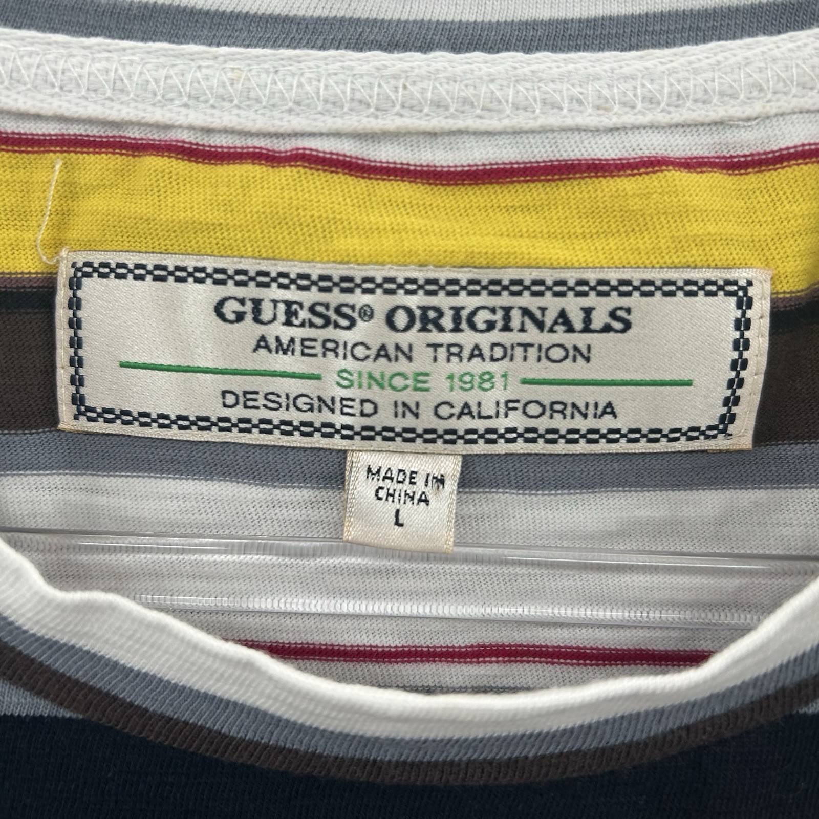 Guess Shirt Men Large Black Brown Yellow Red White Striped Rap Tee Originals USA