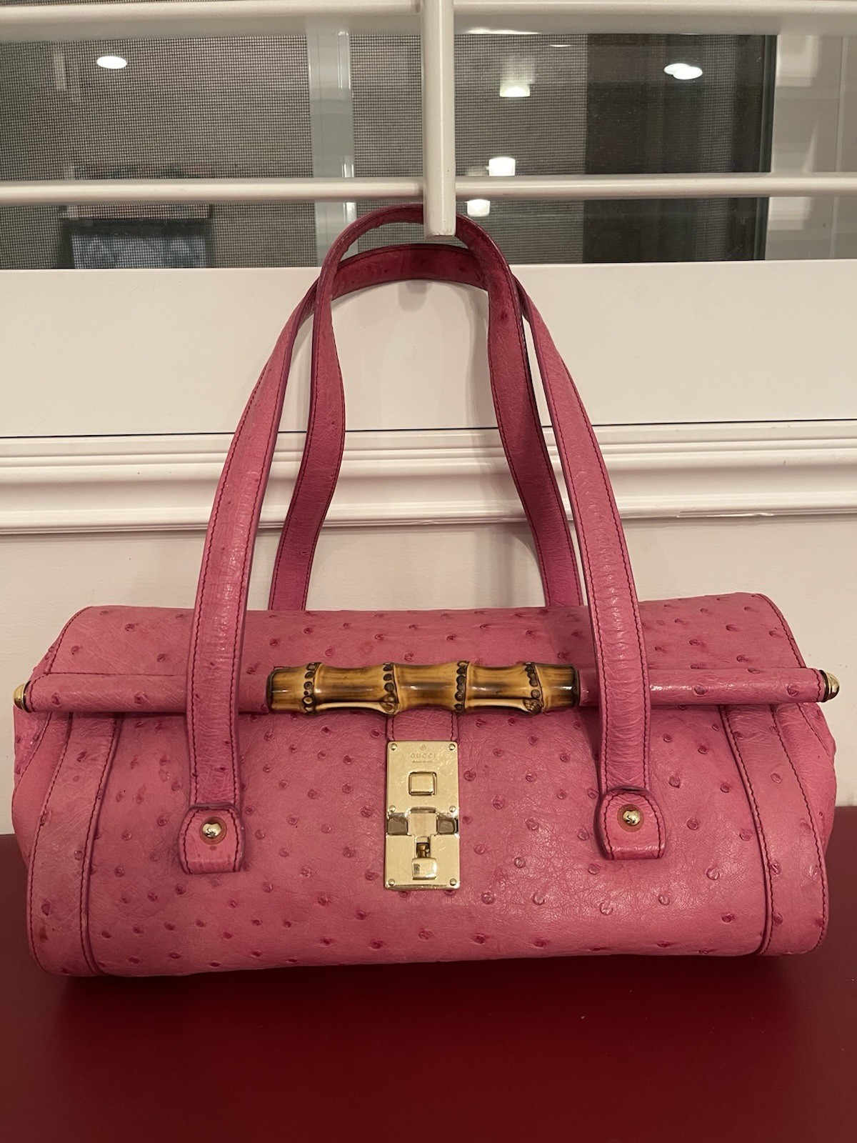 Gucci Ostrich Bullet Bamboo Gold Hardware Turn Lock Closure with Tag