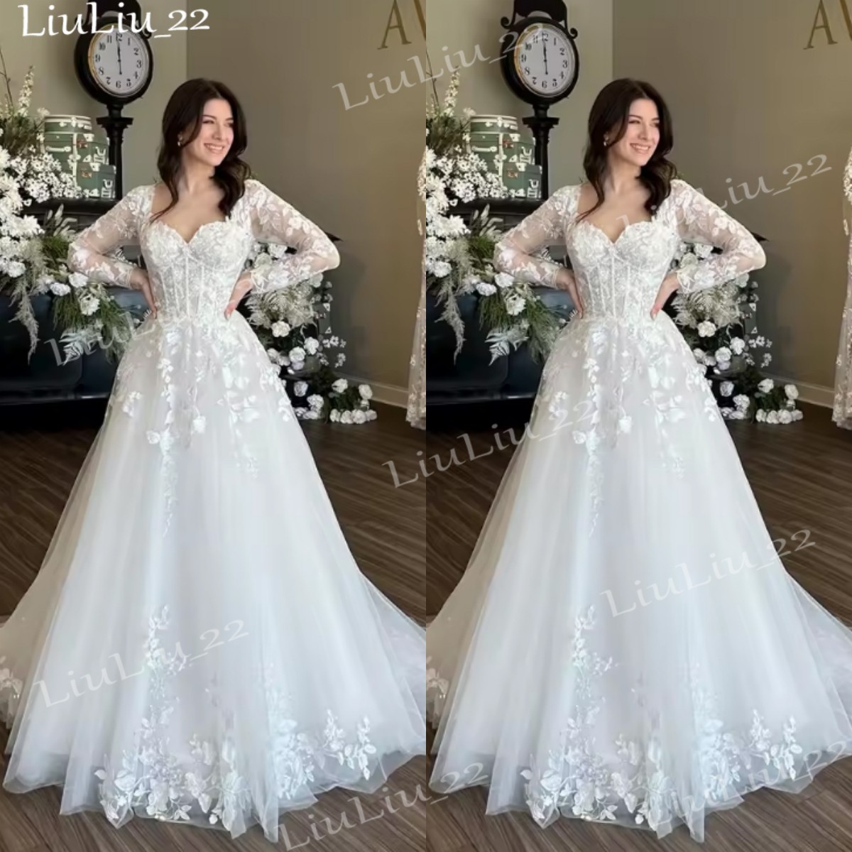 Classic Wedding Dresses Long Sleeve A Line Lace Applique Bridal Gown White Ivory