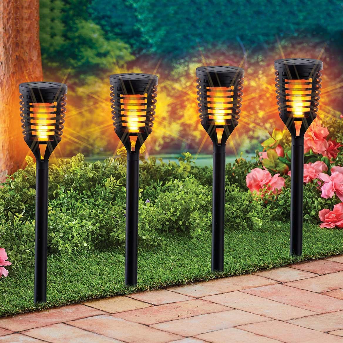 Collections Etc Outdoor Solar Flaming Garden Pathlights – Set of 4