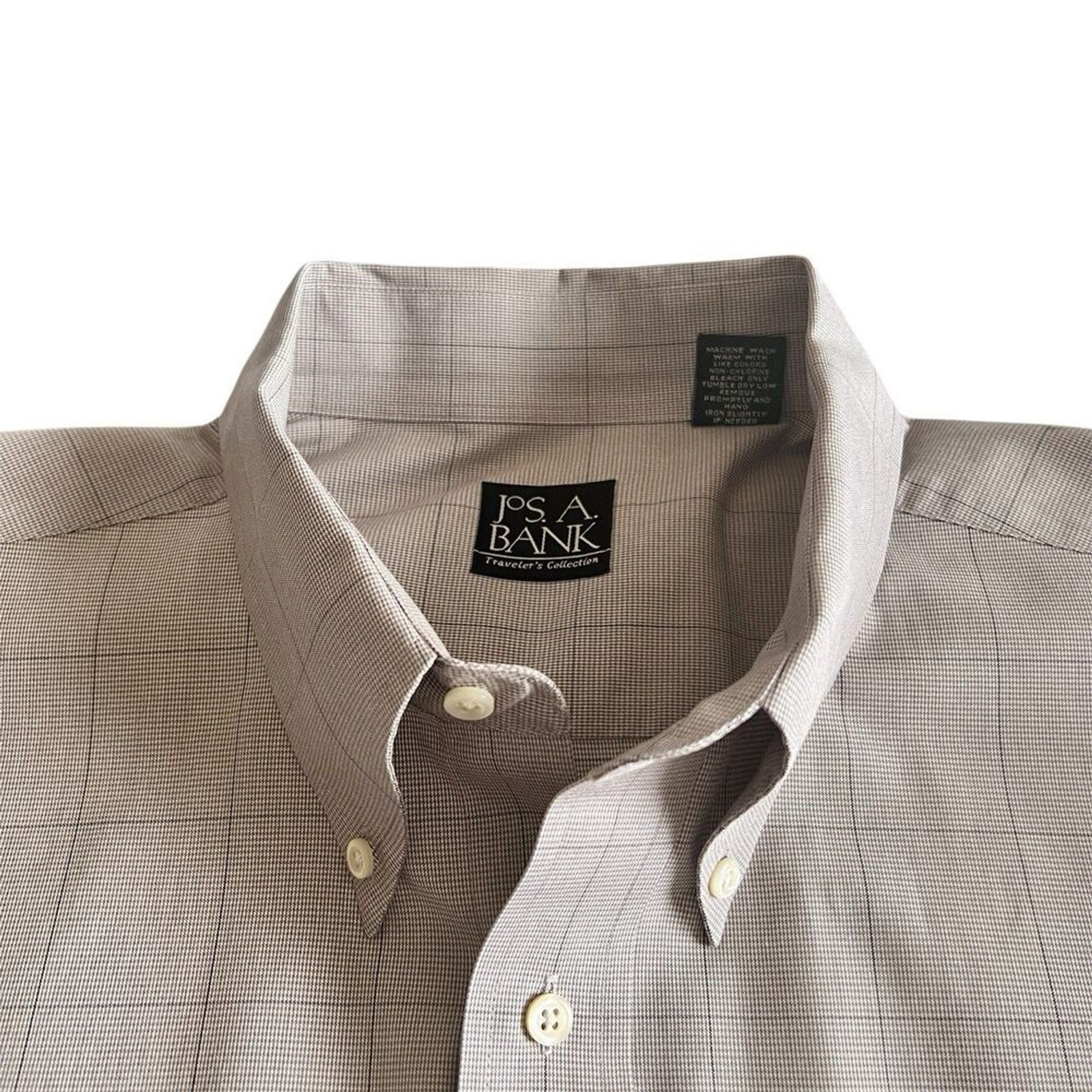 Jos A Bank Traveler Shirt Sz XL Tan Check Long Sleeve Button Down Collar Cotton