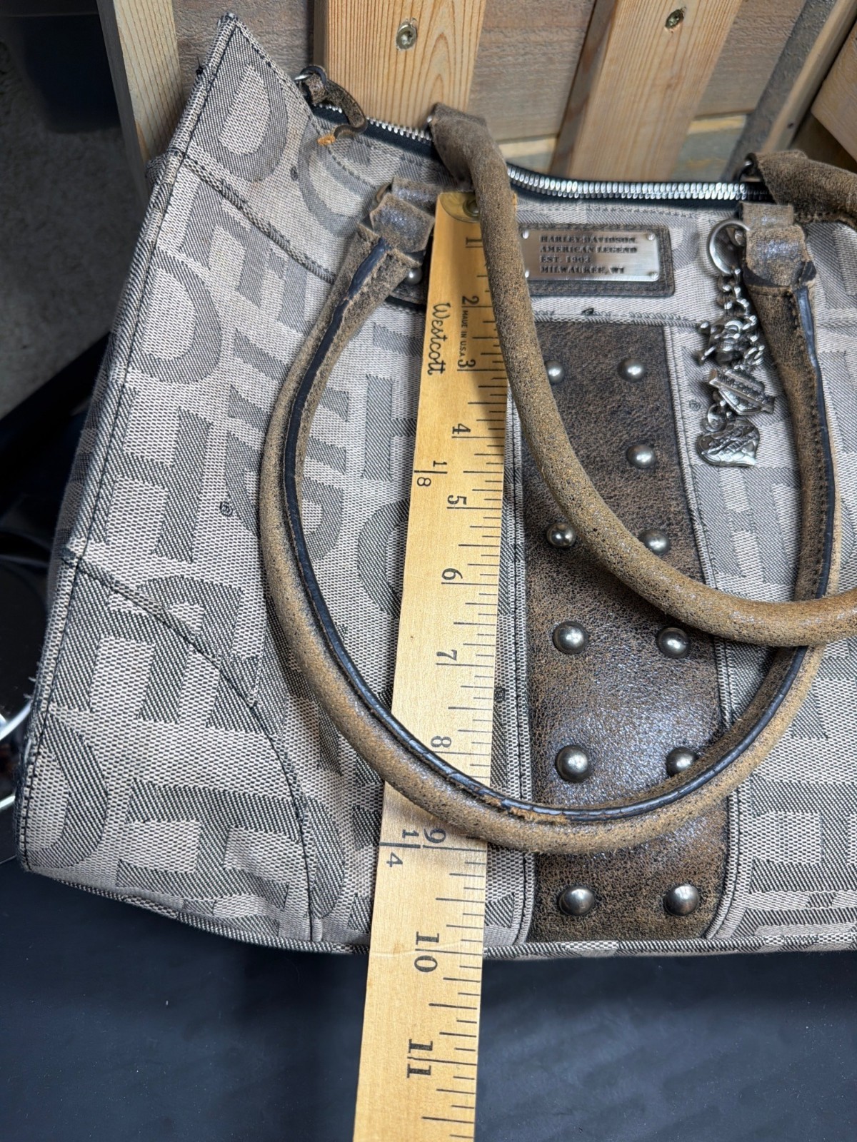 Harley Davidson Jacquard HD Monogram Studded Tote Shoulder Bag Womens Charm