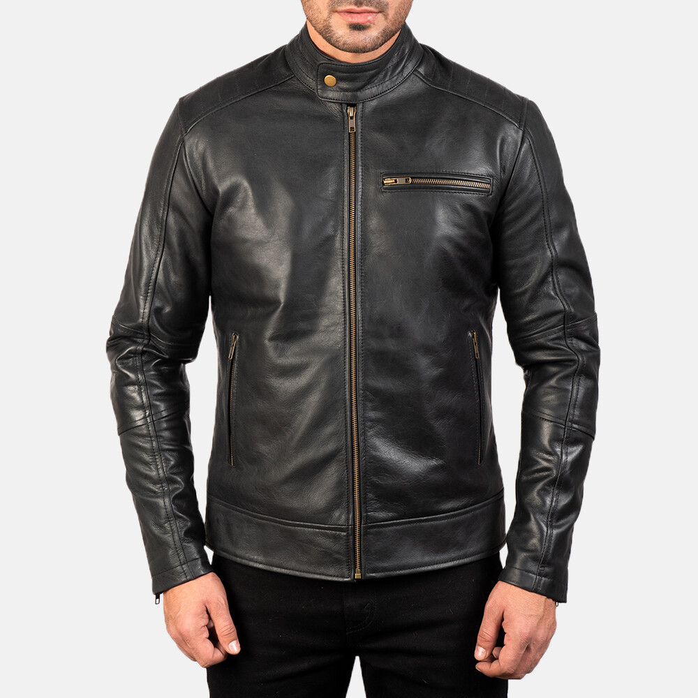 Mens Cafe Racer Leather Jacket Pure Black Lambskin Size XS S M L XL XXL 3XL 4XL