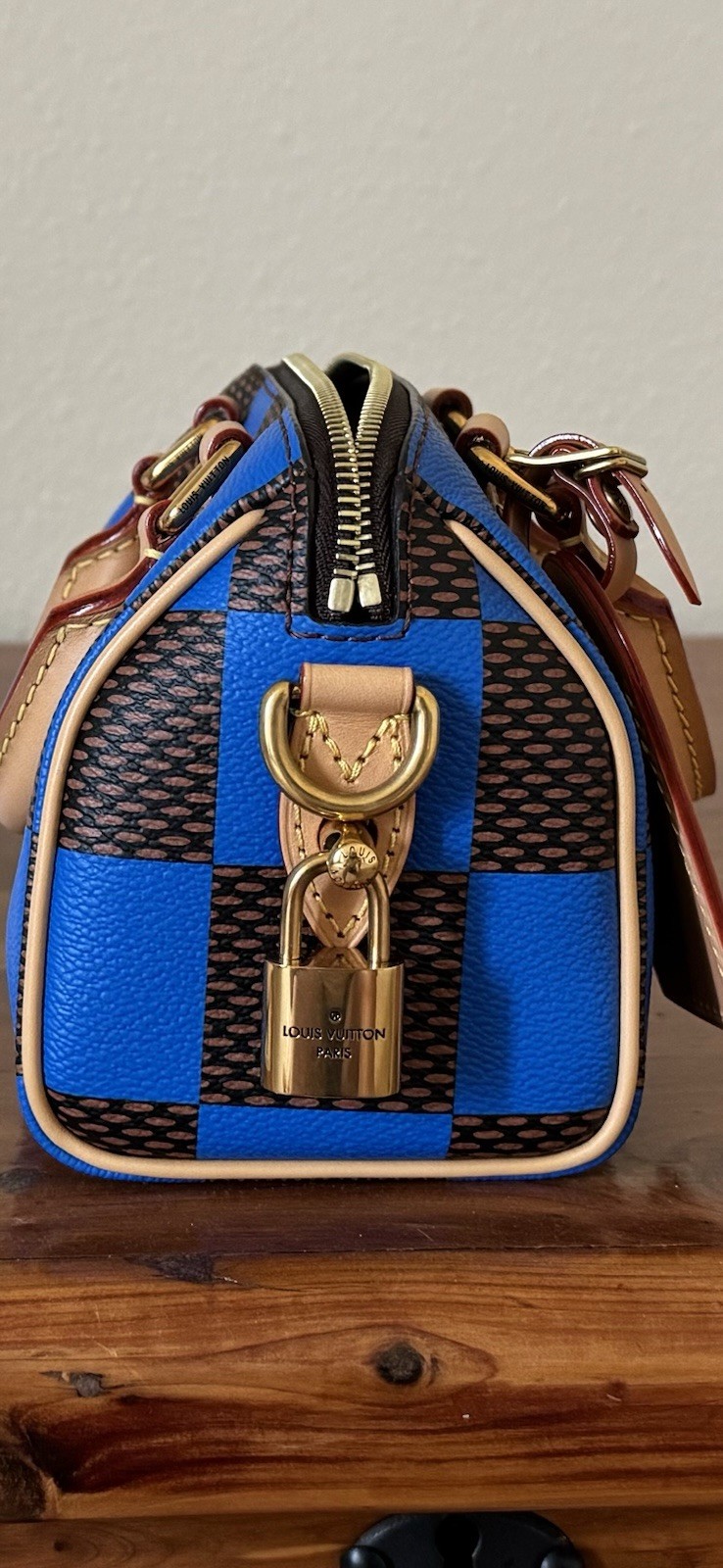 Louis Vuitton Nano Speedy Blue Brown Checkered Satchel w/ Strap, Dust Bag