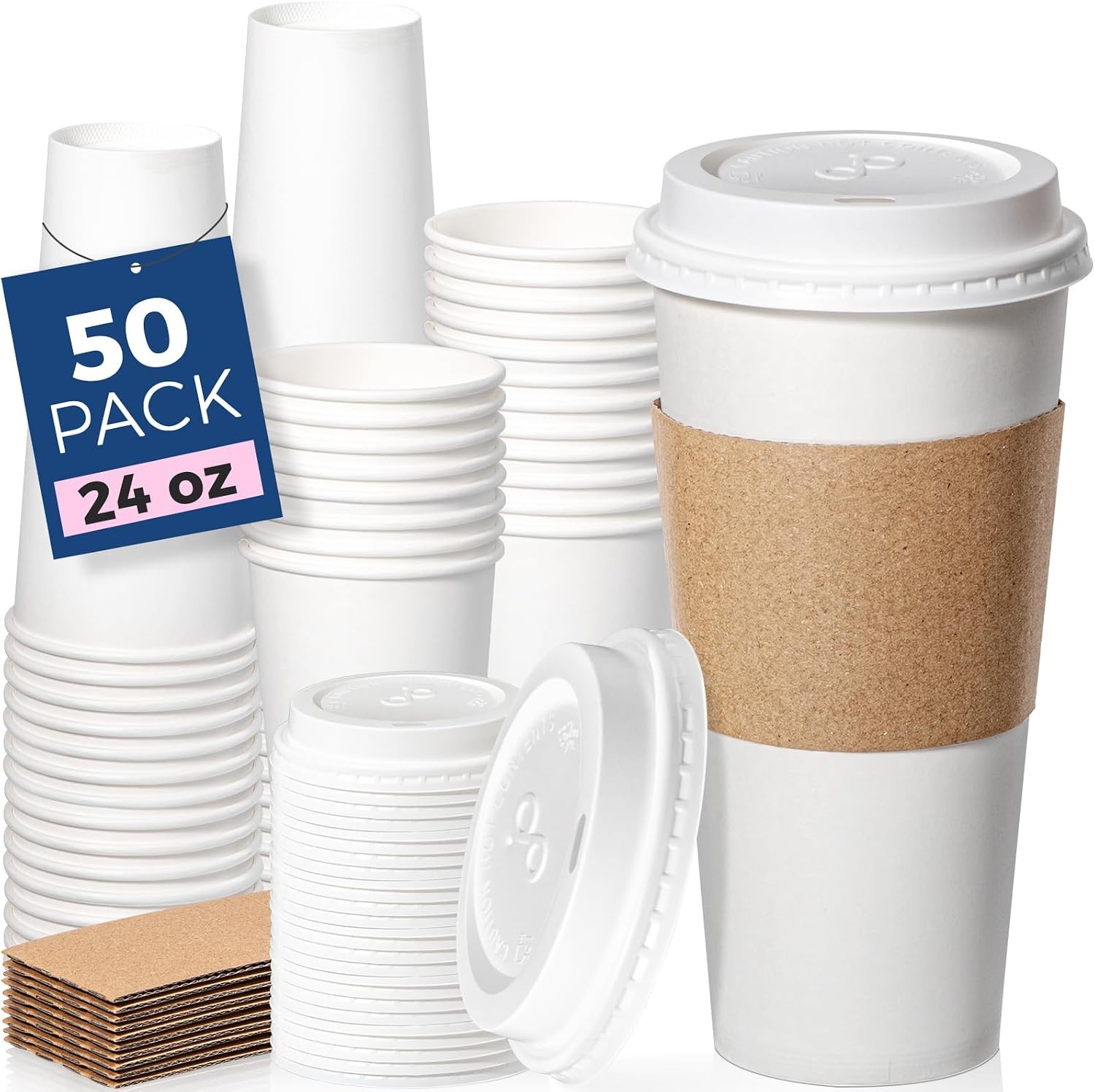50 Pack 24 oz Disposable Coffee Cups with Lids, Sleeves, Leak-Proof To Go Coffee