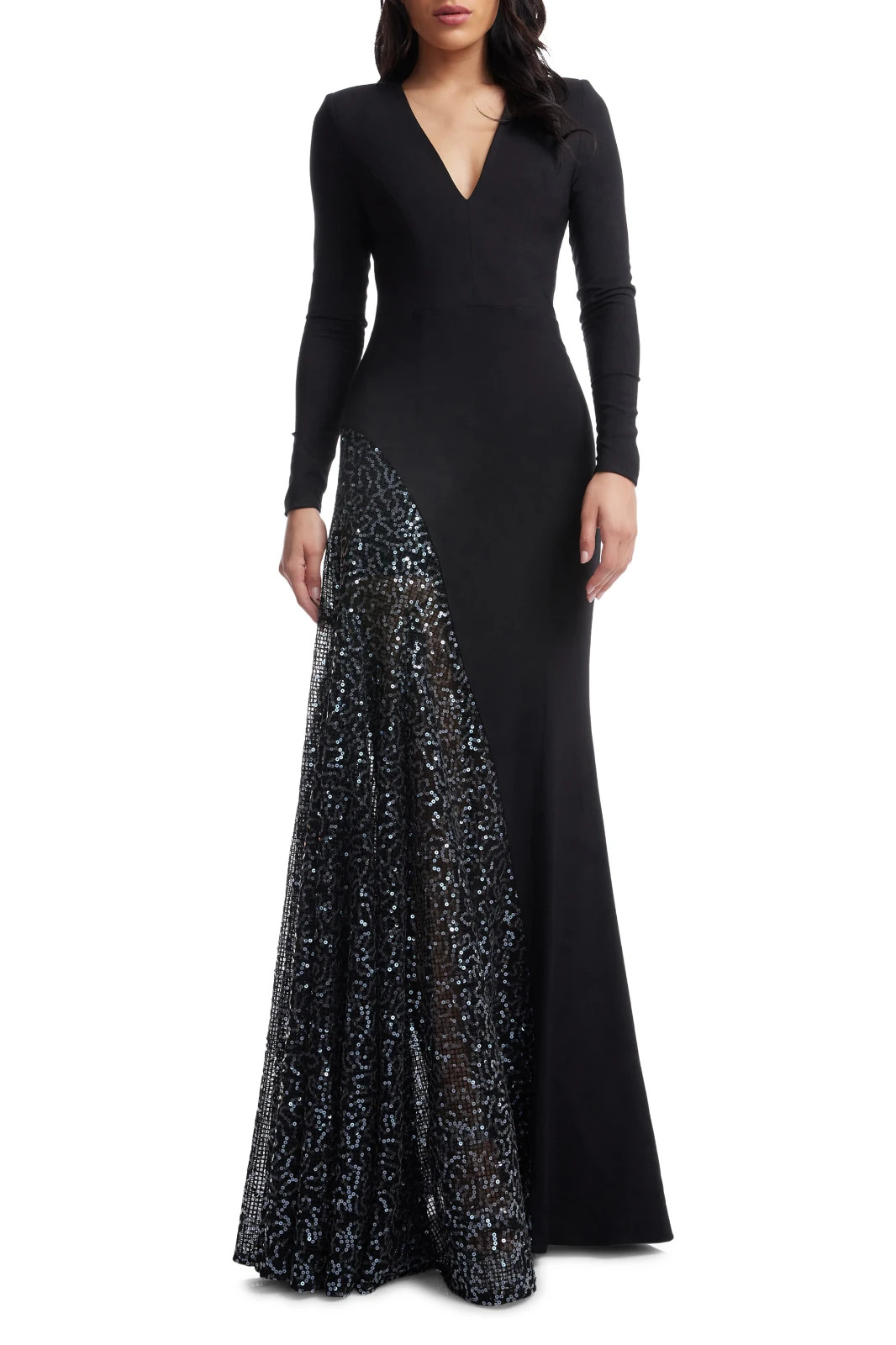 Dress The Population Black Winnie Sequin Panel Long Sleeve Gown Size Small $428