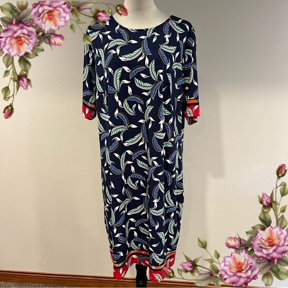 Navy Leaf Print Long sleeve plus size stretchy dress size 1XL