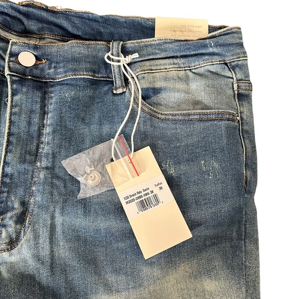 MNML Stretch Moto Denim Jeans Men Size 38 Blue Distressed Ripped Pants NEW