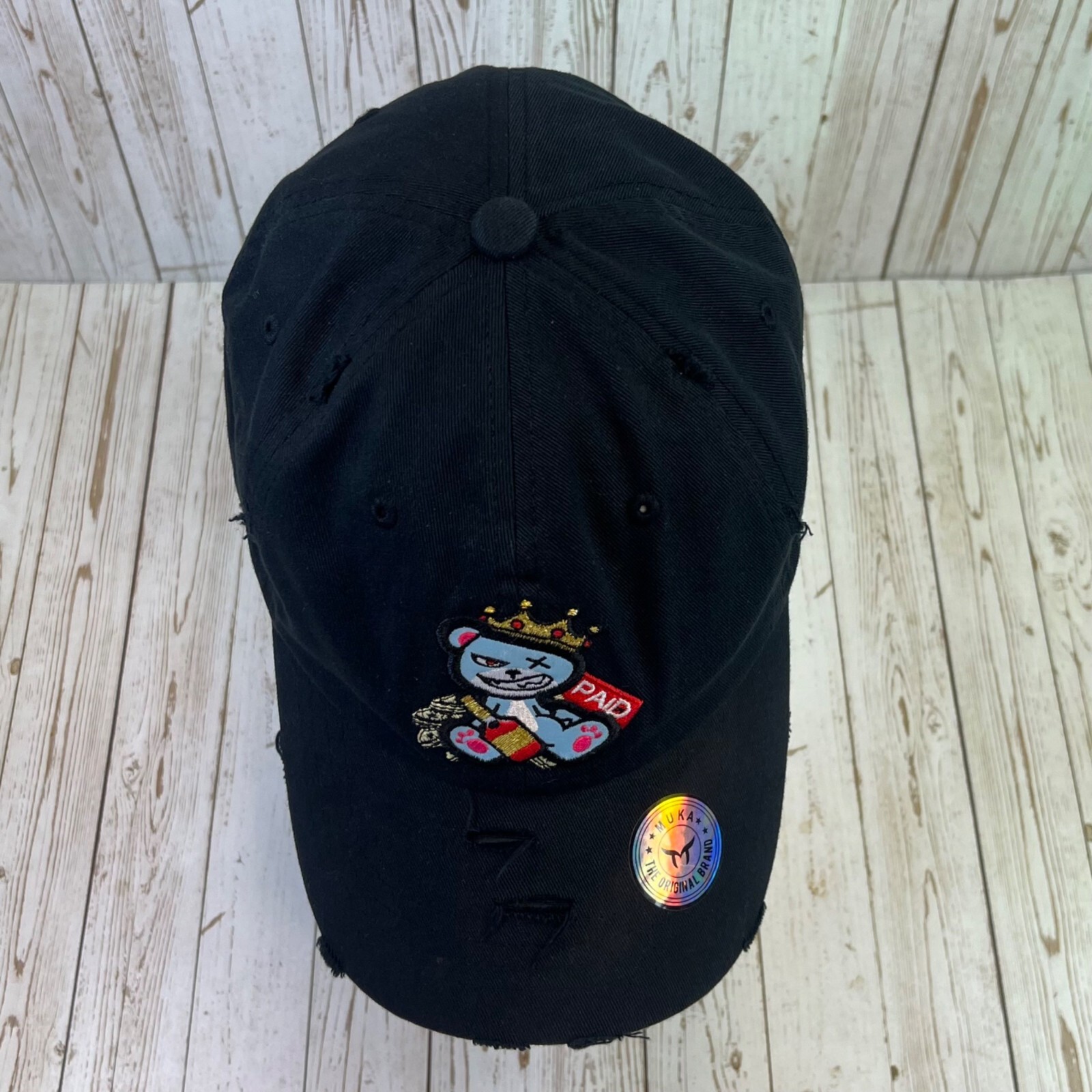 MUKA Paid Bear Dad Hat Cap Black Distressed Baseball Embroidered MU:KA: