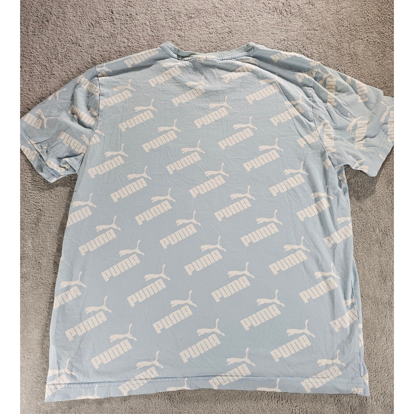 Puma Mens All Over Logo Print T-Shirt Light Blue White Short Sleeve Size M
