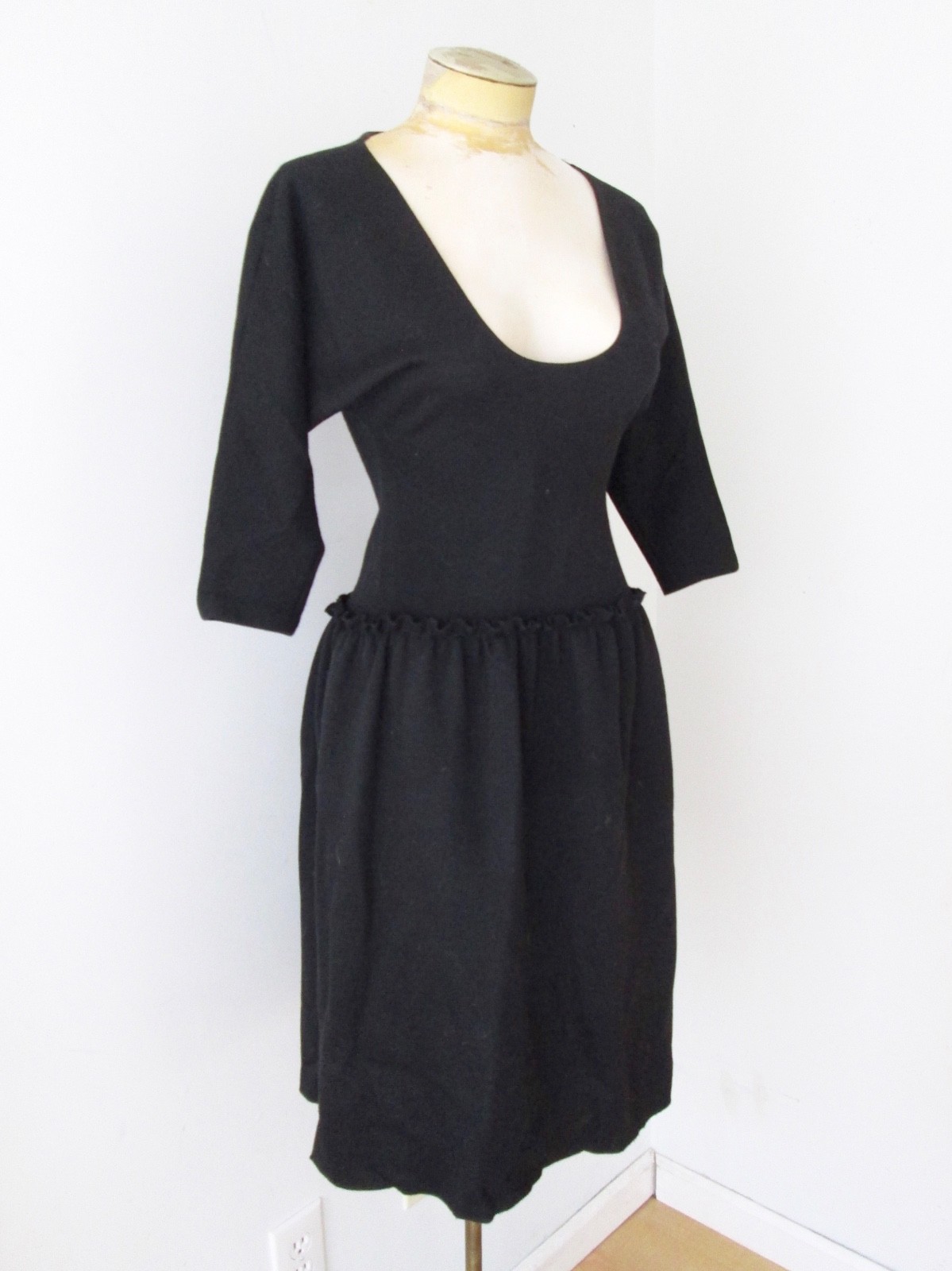 Behnaz Sarafpour black wool deep U neck ruffle drop waist dress dolman sleeves S