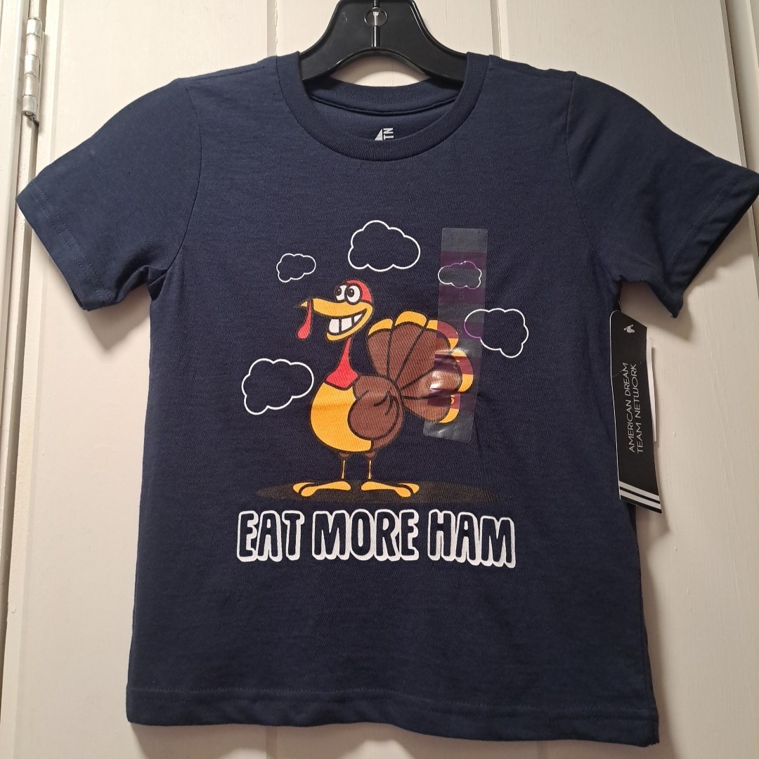ADTN Childs 5 Navy Eat More Ham Turkey Fall Thanksgiving T-shirt Short Sleeve