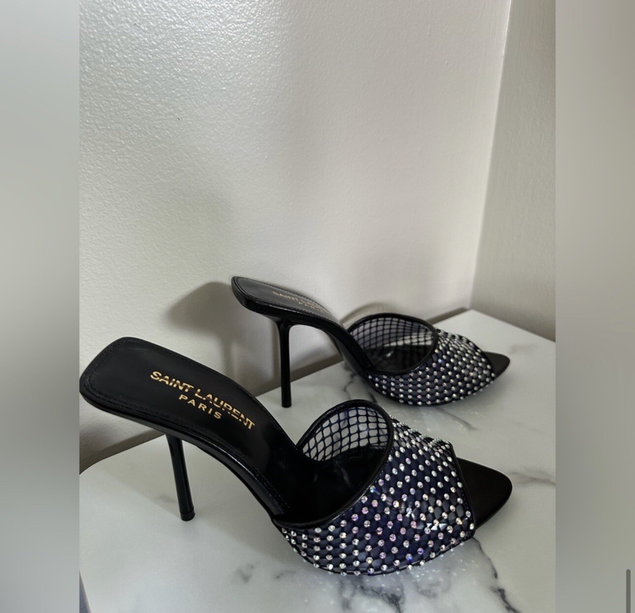 SAINT LAURENT Disco crystal-embellished mesh, PVC and leather mules