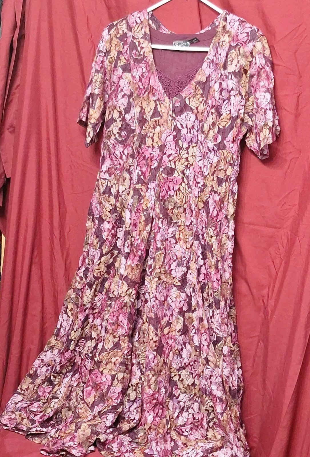 Nostalgia Purple Pink Beige Floral Lace Maxi Dress M Short Puff Sleeve Rayon