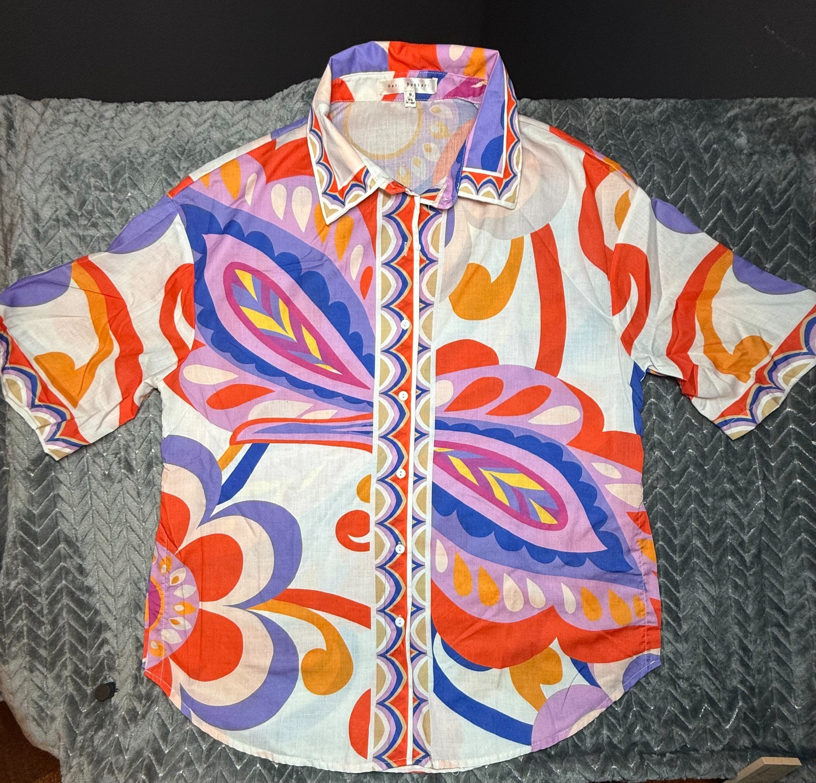 Her.. Bottari Psychedelic Retro Printed Button Down Blouse Shirt M