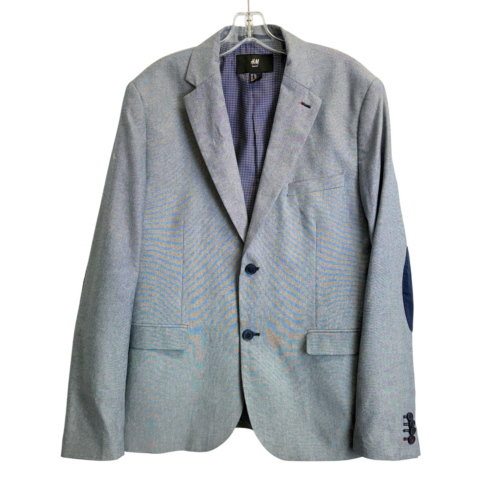 H&M Slim Fit Blazer Cotton Blend 2 Button Elbow Patches Mens 44R Sport Coat Navy
