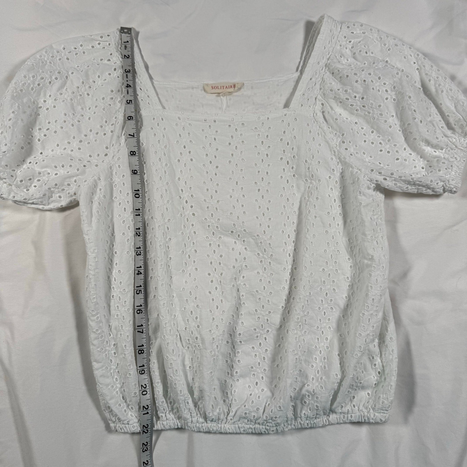 Solitaire white blouse square neckline eyelet detailing puff sleeves size large